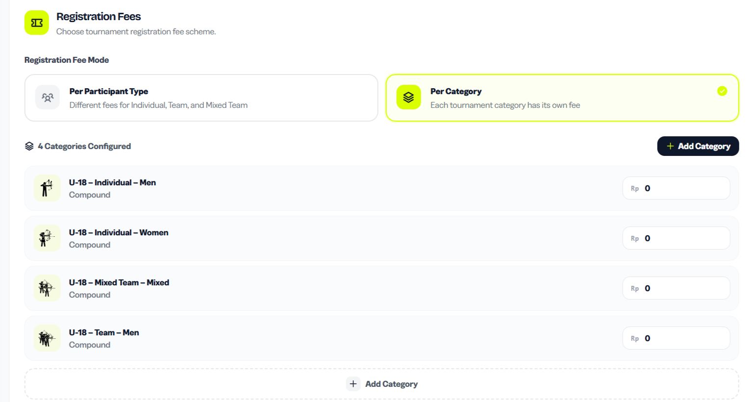 Per Category pricing mode showing a list of tournament categories each with an individual price input field
